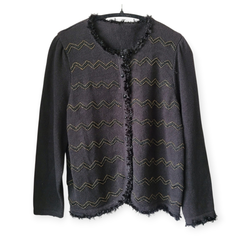 NWT Vintage Black Gold Zigzag Beaded Cardigan With Fringe Eclectic Grandpa